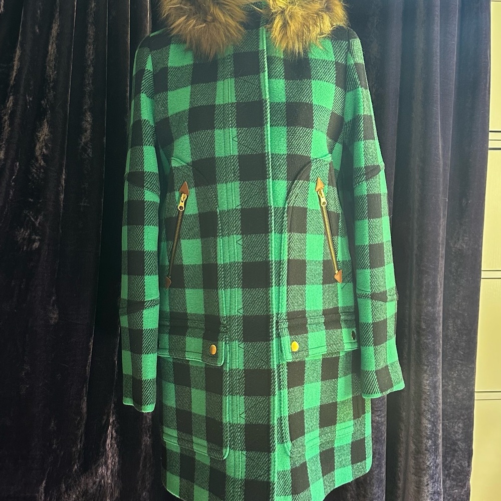 Plaid Womens Jacket with Faux Fur Hood - Picture 2 of 3